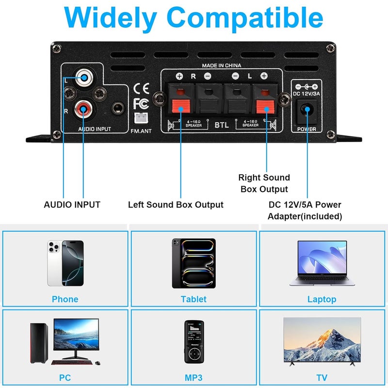 Romicta Stereo Audio Amplifier, 2.0 CH Mini HiFi Stereo AMP Bluetooth 5.0 Amp Receiver with 400W+400W, FM, AUX, USB, Microphone Input, 12V 5A Power Supply, Power Amplifier for Car Home Bar Party - Image 3
